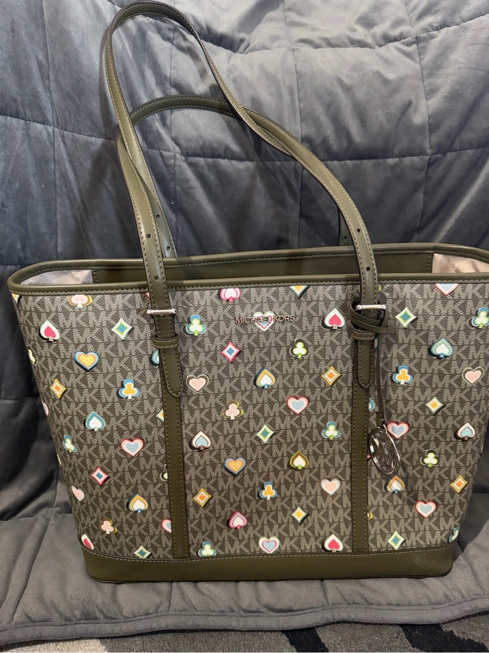 Michael Kors Olive Signature Tote with Multicolor Heart and Club Motifs